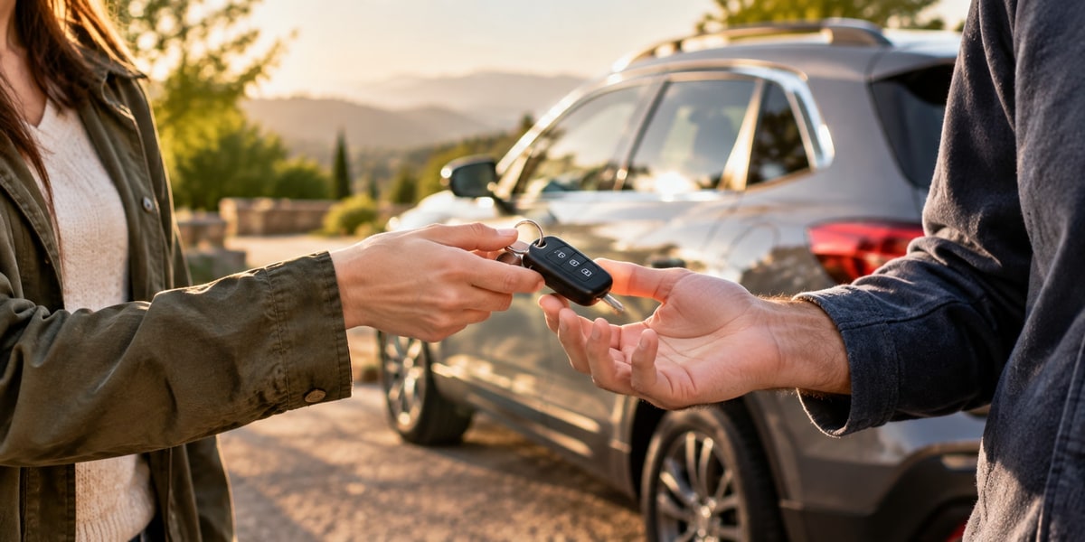 Two people exchanging a car key next to a parked SUV outdoors