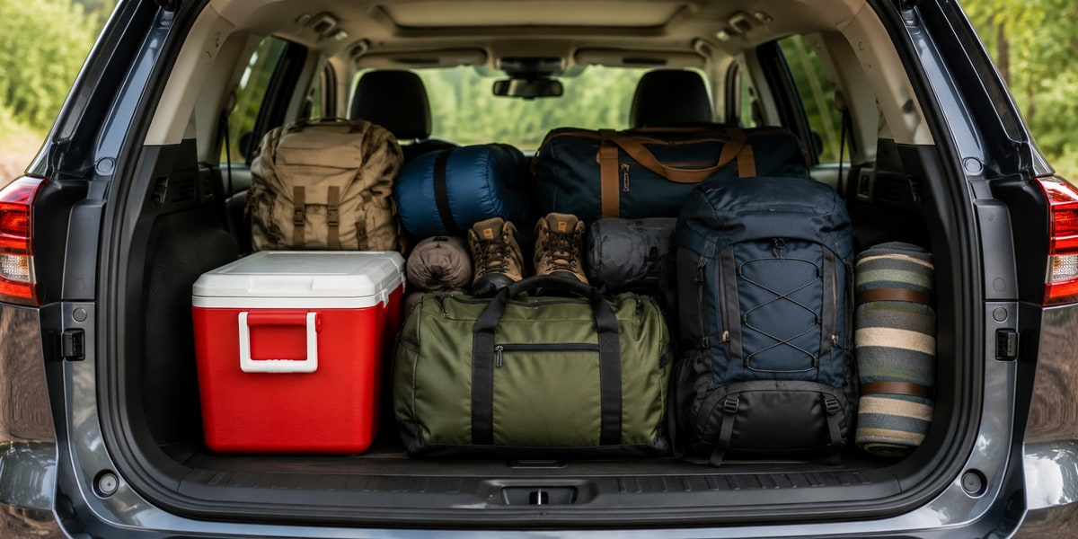 SUV packed with luggage and gear for a group road trip from Houston