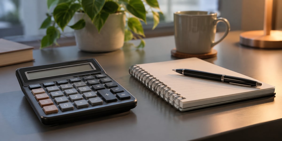 A calculator and spiral notebook on a desk next to a cup of coffee