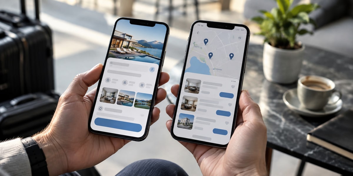 A person holding two smartphones side by side comparing travel listings and a map