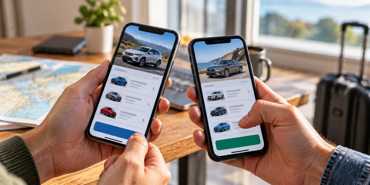 Two people comparing vehicle listings side by side on their phones at a table