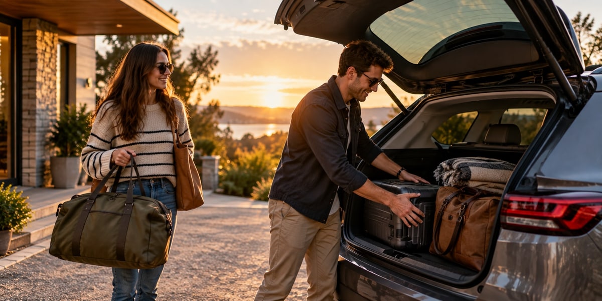Couple loading duffel bags and luggage into the trunk of an SUV at sunset before a weekend trip