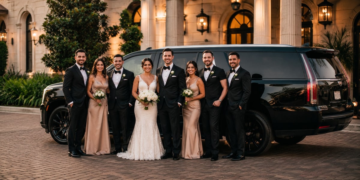 Wedding party posing next to black Cadillac Escalade outside elegant Houston venue