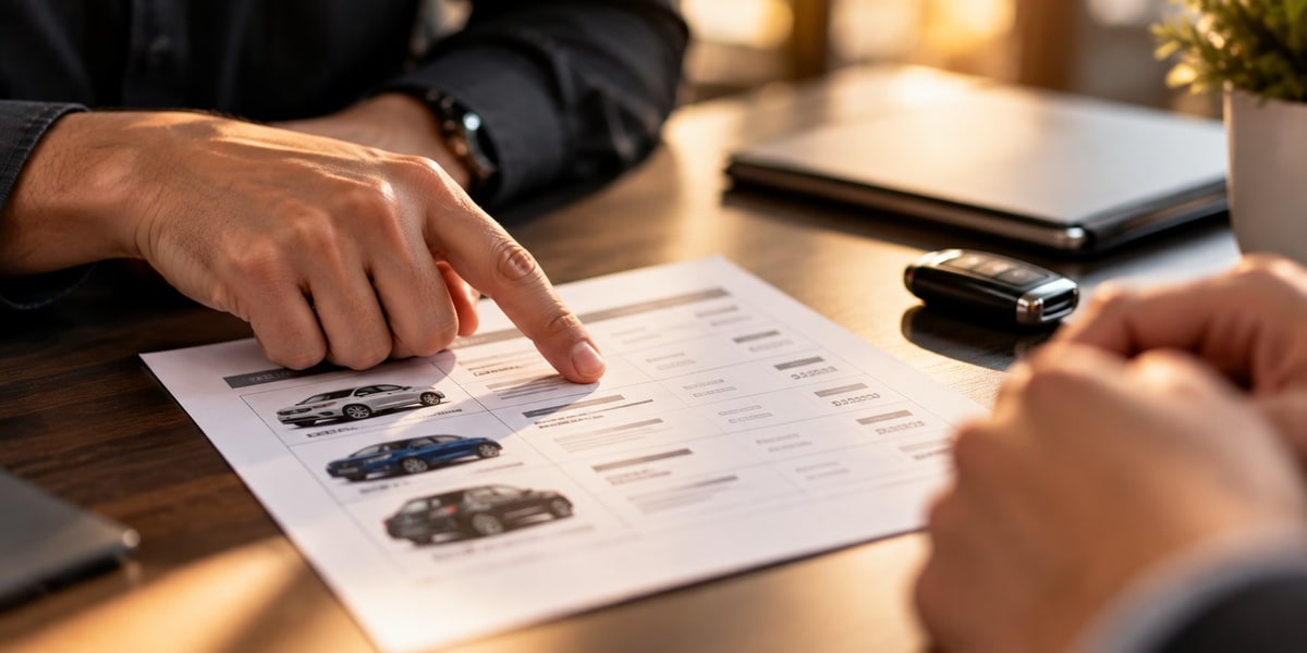 Person pointing at a printed rental pricing sheet with a car key and laptop on the desk