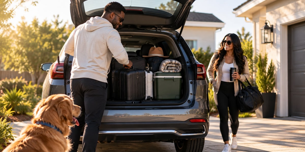 Couple loading luggage into an SUV trunk in a driveway with a dog nearby