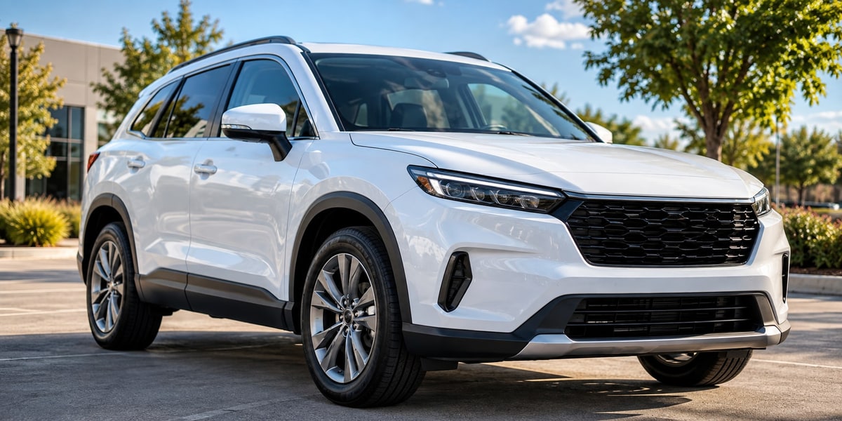 White SUV parked outside a building, ready for a Houston rental pickup