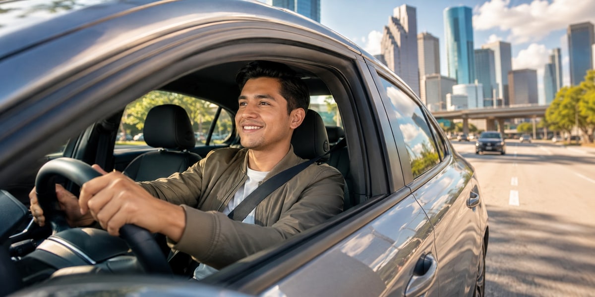 Young driver behind the wheel of a rental car in Houston